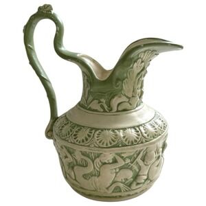 Vintage Greek Mythology Ceramic Pitcher Green White Handmade 1973 Art Pottery